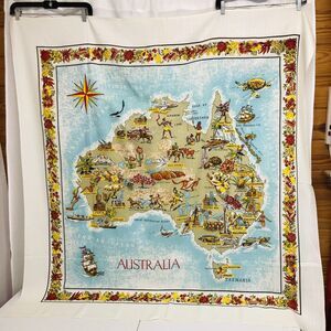Vtg Australia Wall Hanging Linen Table Cloth Map Large 54" x 51" Kangaroo Floral